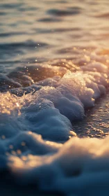 Sunlit foam waves in shallow surf with golden reflections.