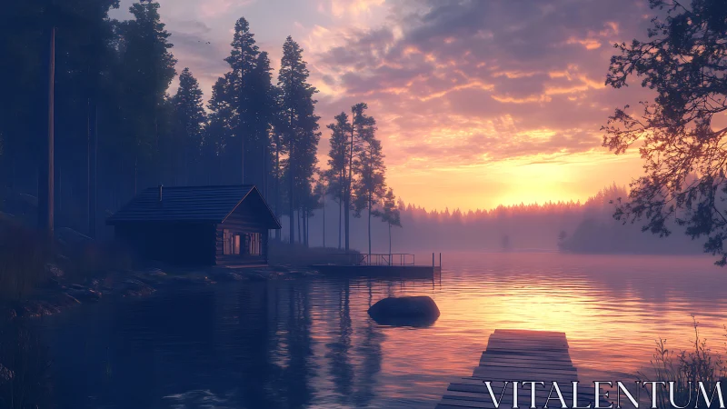 Lakeside cabin and pier viewed at low sun over misty water