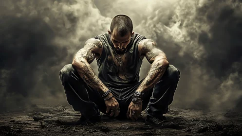 Tattooed man crouches in smoky wasteland, brooding alone.