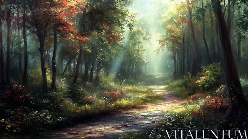 Luminous Forest Corridor with Dappled Atmospheric Perspective and Autumnal Chromatic Transitions.