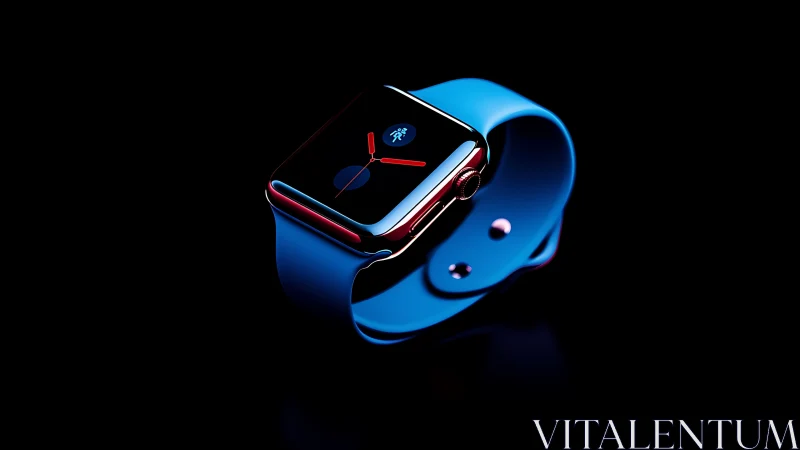 Smartwatch with blue band under dramatic neon rim light.