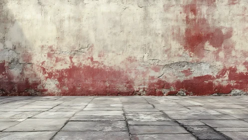 Weathered red plaster wall over worn stone courtyard backdrop.