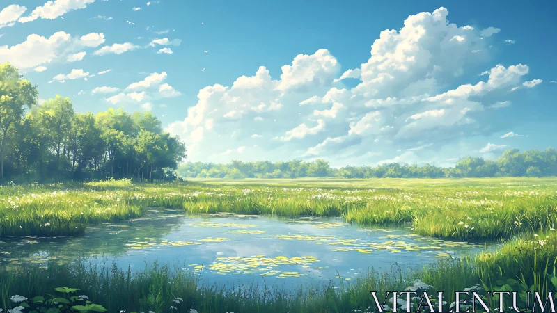 Bright summer wetland pond under wide clouded sky.