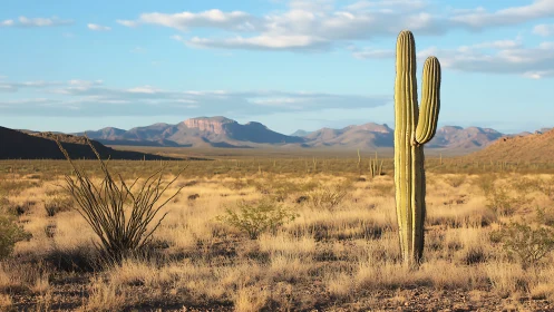 Photographic desert landscape with saguaro vertical emphasis.
