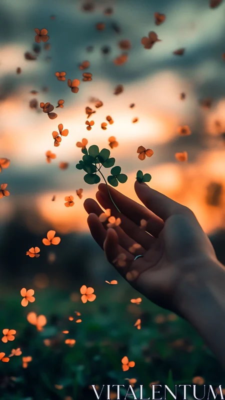 Hand holding clover under floating petals at sunset sky.