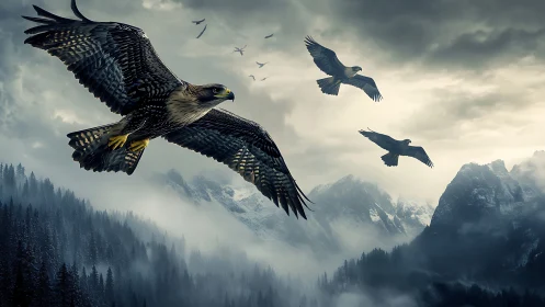 Majestic hawks soaring above misty mountains, dramatic digital art.