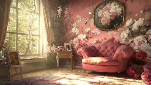 Sunlit rose-colored nook wrapped in dreamy floral charm.