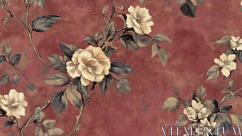 Floral branches cross textured red background in repeat