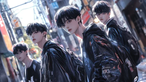 Four stylish teens walk through a neon lit rainy city street