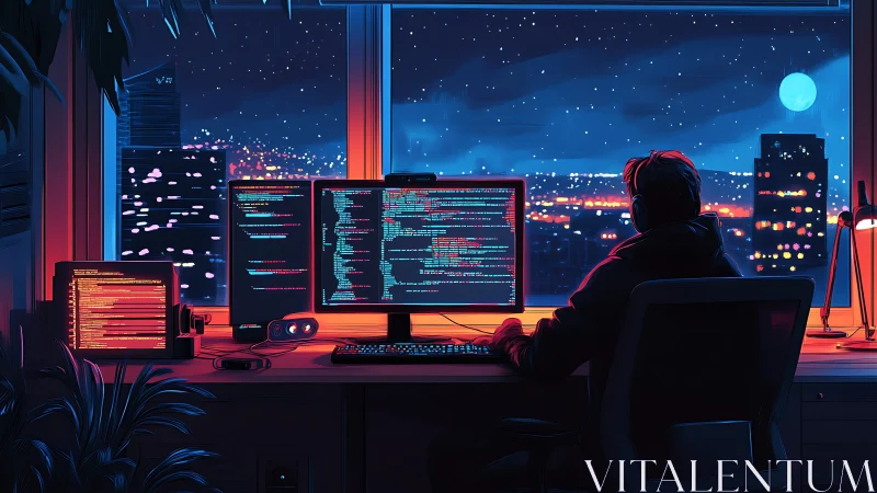 Night coder enjoys a glowing city view from a cozy desk