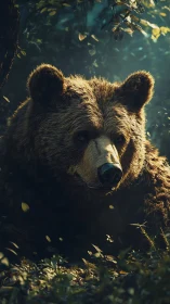 Brown bear rests on forest floor in filtered sunlight