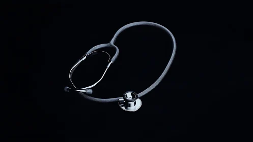 Stainless steel stethoscope forms heart silhouette on black field