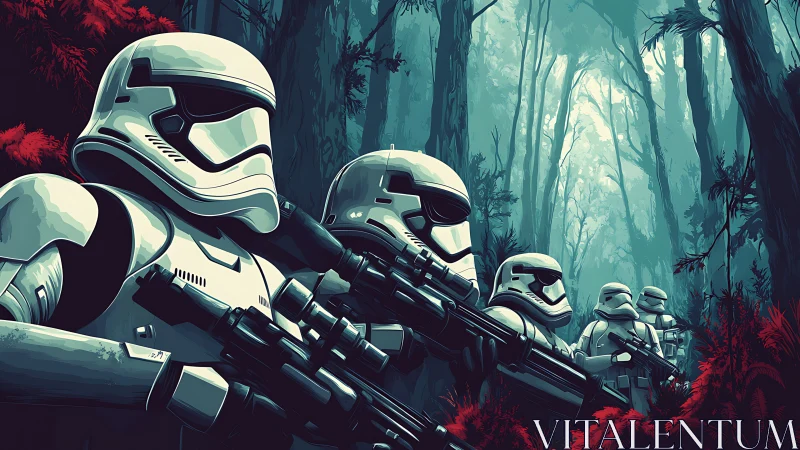 Armored soldiers advance cautiously through misty alien woods