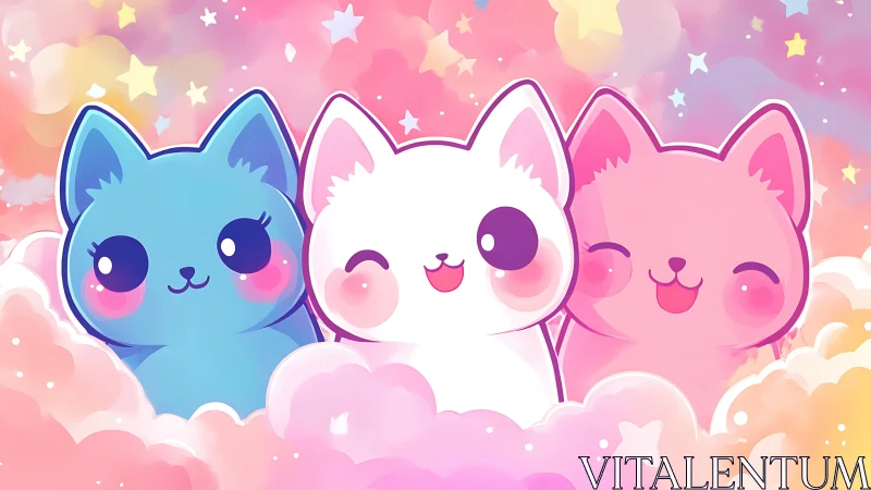 Three cute stylized cat characters with big eyes on soft clouds
