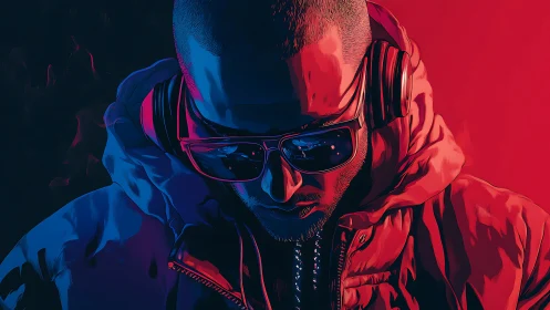 Neon headphones carve a moody DJ silhouette in split light