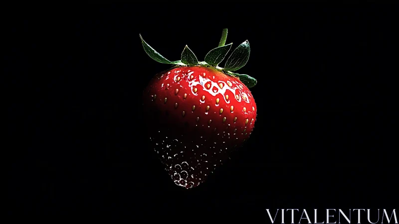 Strawberry gleams against deep black with glistening droplets.