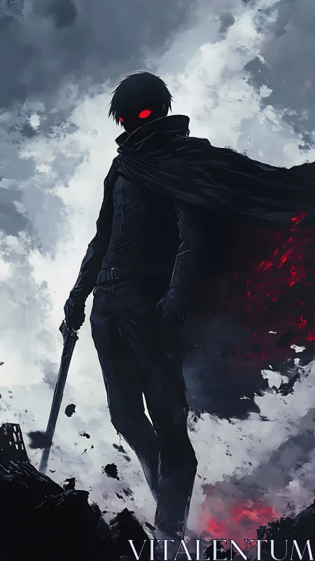 Cloaked figure with sword in dark storm sky backdrop.