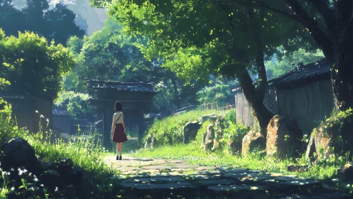 Sunlit village path welcomes a quiet girl into green calm
