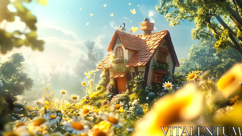 Sunlit fairytale cottage nestles in vibrant wildflower meadow
