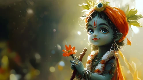 Childlike blue-skinned figure holds flower and wooden staff