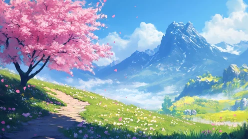 Pink blossom tree on bright alpine valley path.