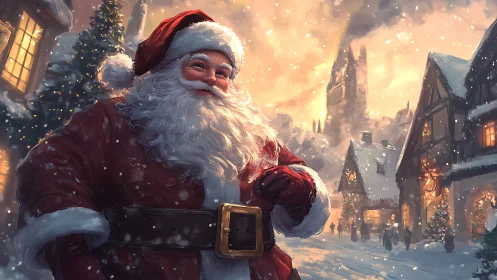 Digital painting of Santa in luminous snowy village street scene.