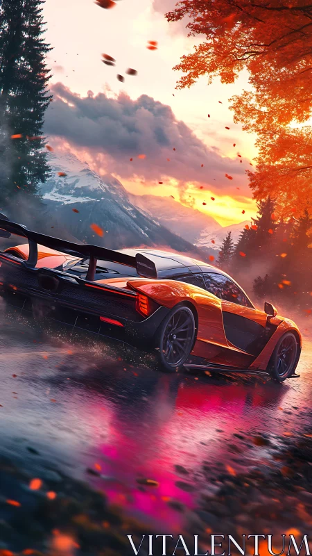 Orange supercar powers through wet mountain forest road