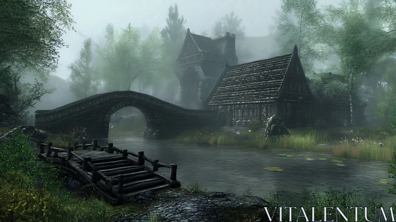 Foggy riverside village bridge with cozy timbered cottages.