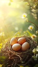 Sunlit woodland nest cradling softly speckled eggs.