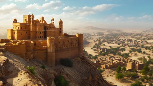 Sunlit sandstone fortress dominating expansive desert city.