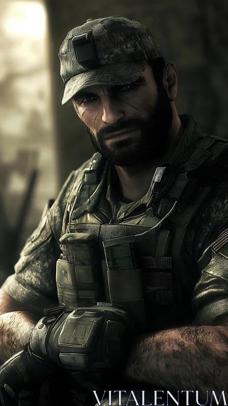 Photorealistic tactical portrait of a battle-hardened soldier.