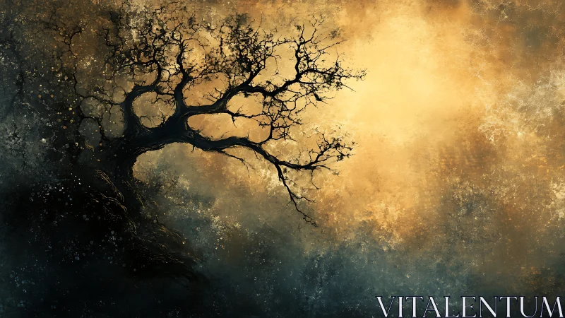 Gnarled lone tree leans into a storm of golden mist