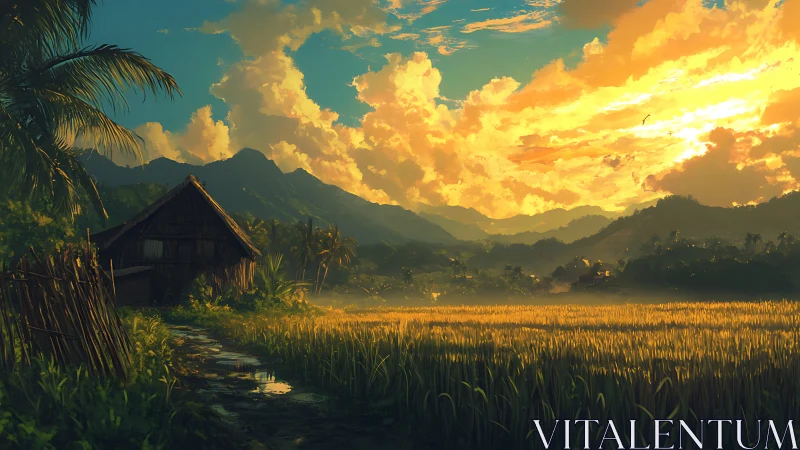 Spectral sunset over irrigated valley field and timber hut.