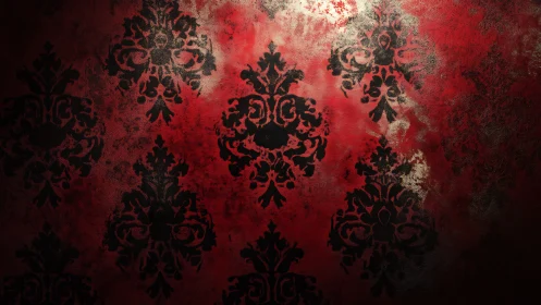 Dark damask motifs on distressed red textured ground.