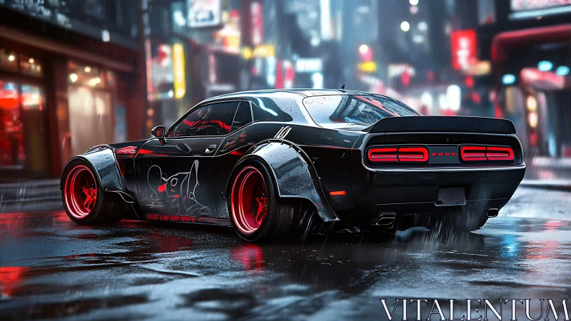 Neon rain crowns a widebody muscle car prowling wet streets
