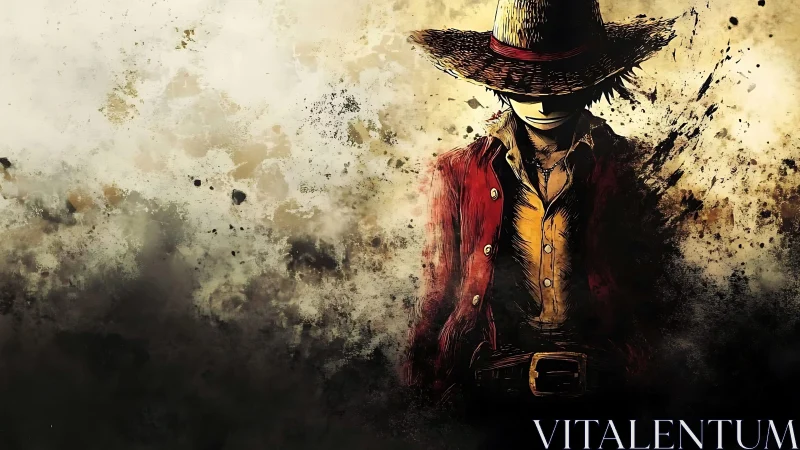 Straw-hatted drifter emerging from a storm of painted dust.