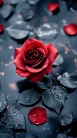 Red rose in dark water with wet leaves and fallen petals.