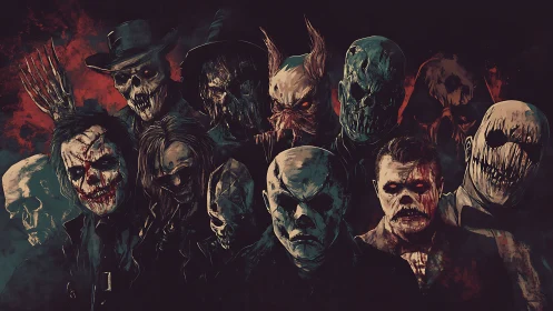 Group of masked horror figures stands in dense red shadows