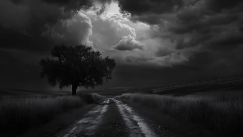 Solitary countryside tree beneath luminous storm clouds.