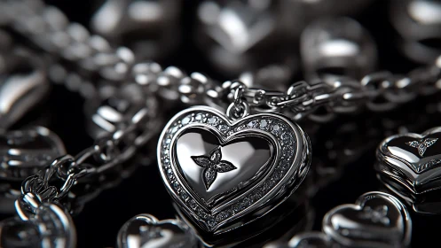 Silver heart locket shimmers in jewel-toned midnight hush.