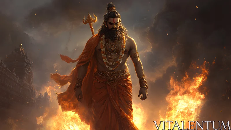 Fire-wreathed sage striding through storm-lit sacred ruins.