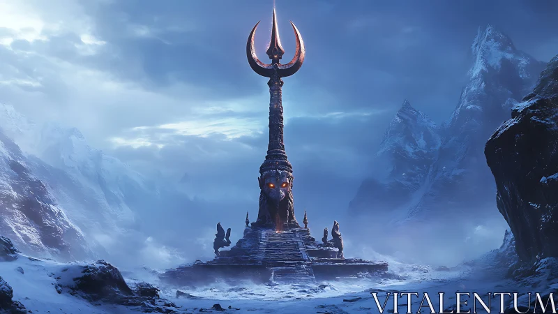 Monolithic crescent spire amid glacial mountain pass at dusk