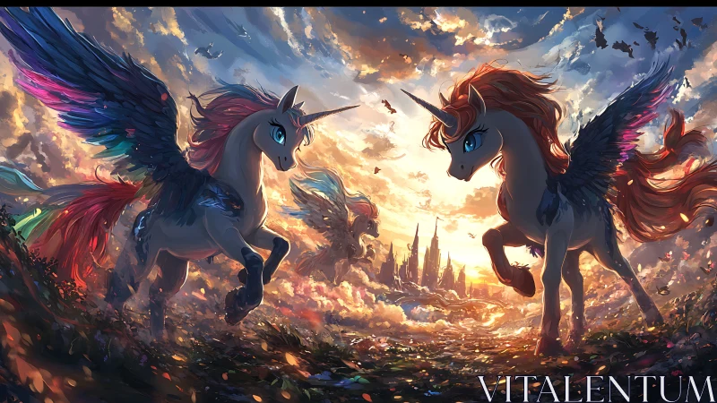 Winged unicorns over illuminated valley and distant city.