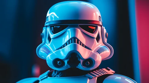 Helmeted sci-fi trooper portrait in neon rim lighting profile.