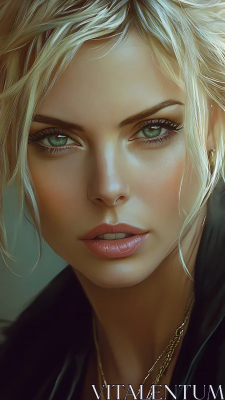 High-detail digital portrait isolates blonde woman’s intense gaze