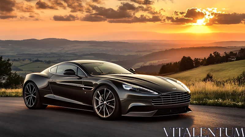 Black grand tourer coupe parked on rural road at sunset