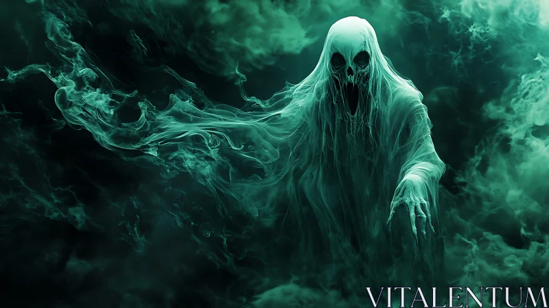 Ghostly wraith drifting through emerald misty darkness.