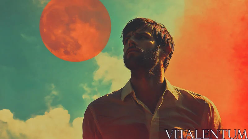 Man in warm surreal sky under large orange moon.