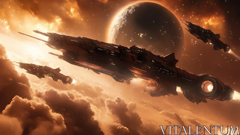 Star-cruiser armada knifes through ember clouds toward eclipse