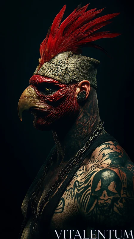 Rooster headed warrior in profile with dark tattoos.